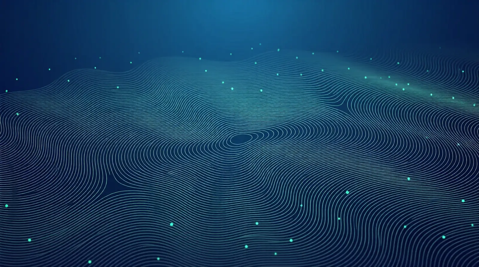 Illustration : lignes topographiques fines sur fond bleu nuit, piquées de points vert d'eau, comme un nuage de données
